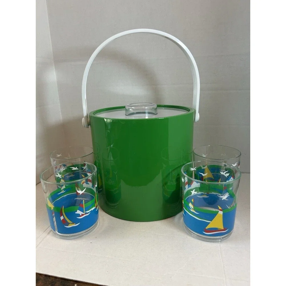 Vintage Shelton Ware Ice Bucket Set Green 4 Sailboat Plastic Tumblers Nautical